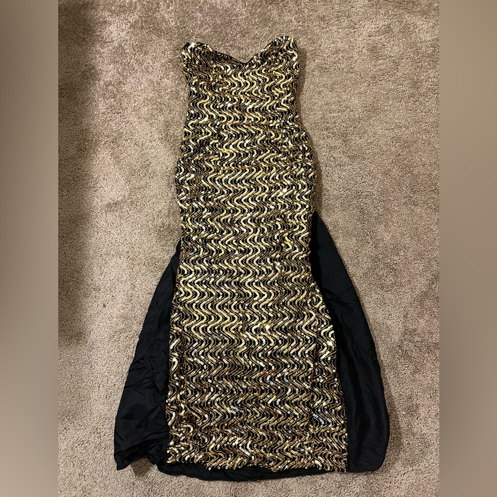 Vtg GUNNE SAX by Jessica McClintock Black/Gold Wavy Sequin Prom Dress 11/12